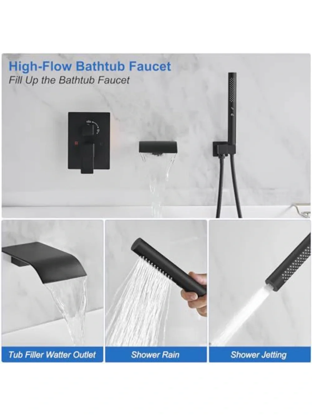Matte Black Waterfall Bathtub Faucet with Hand Shower and Shelf